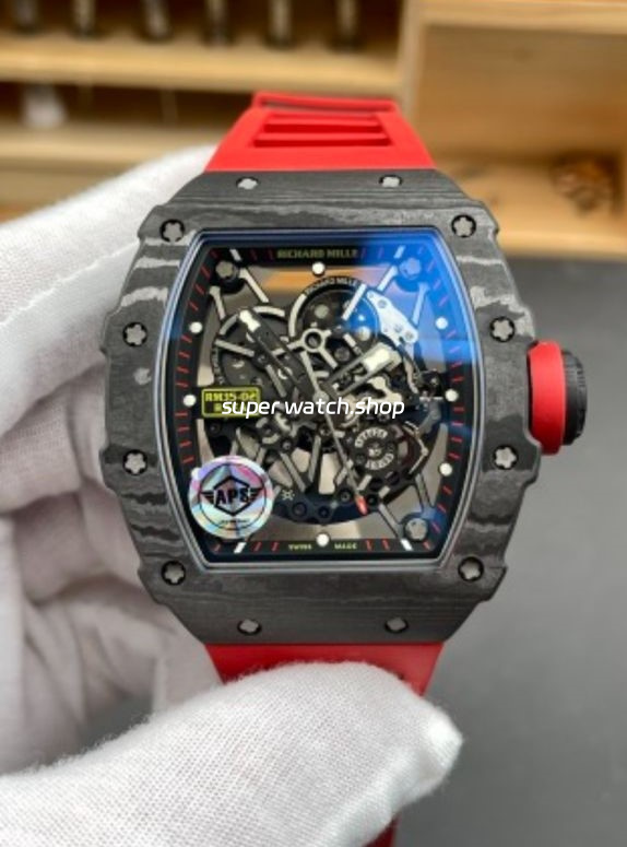APS Factory Richard Mille RM 35-02 44.5mm Black Carbon Fiber Red Rubber Strap Black Skeletonized Dial
