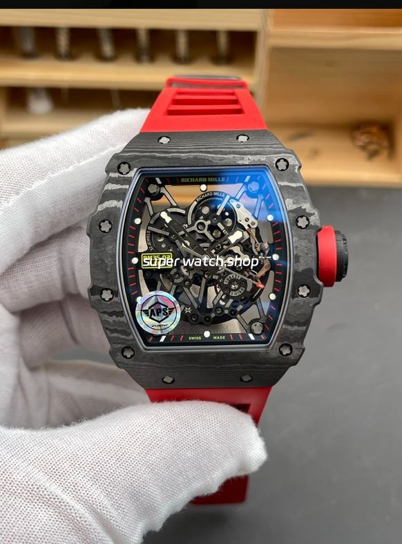 APS Factory Richard Mille RM 35-02 44.5mm Black Carbon Fiber Red Rubber Strap Black Skeletonized Dial - Image 2