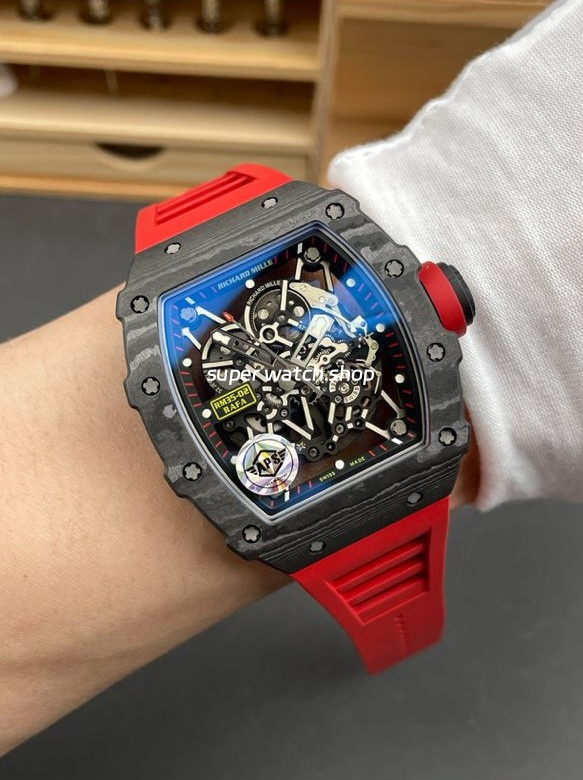 APS Factory Richard Mille RM 35-02 44.5mm Black Carbon Fiber Red Rubber Strap Black Skeletonized Dial - Image 4