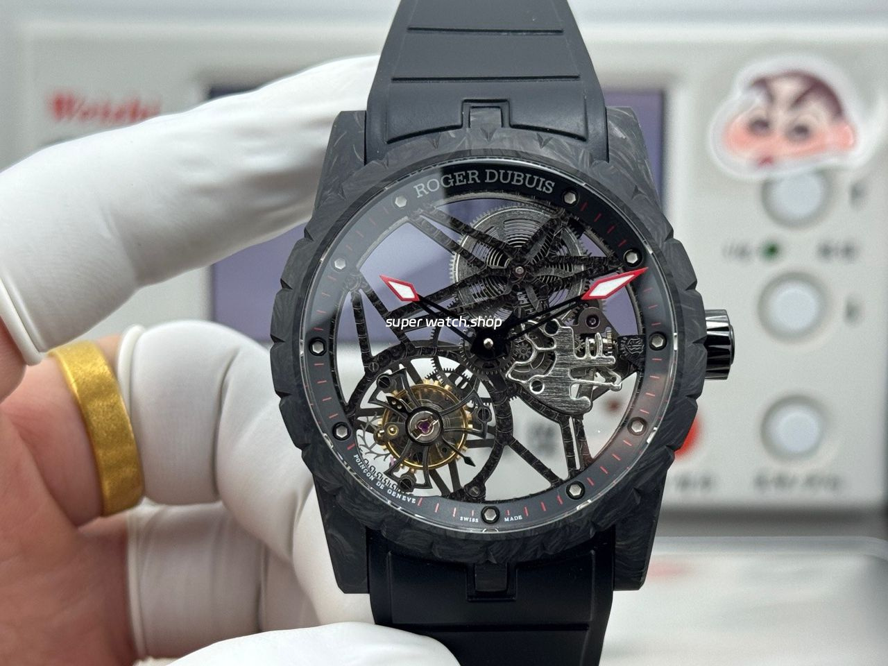 NEW Factory Roger Dubuis Excalibur DBEX0577 42mm Carbon Fiber Black Rubber Strap Skeletonized Dial
