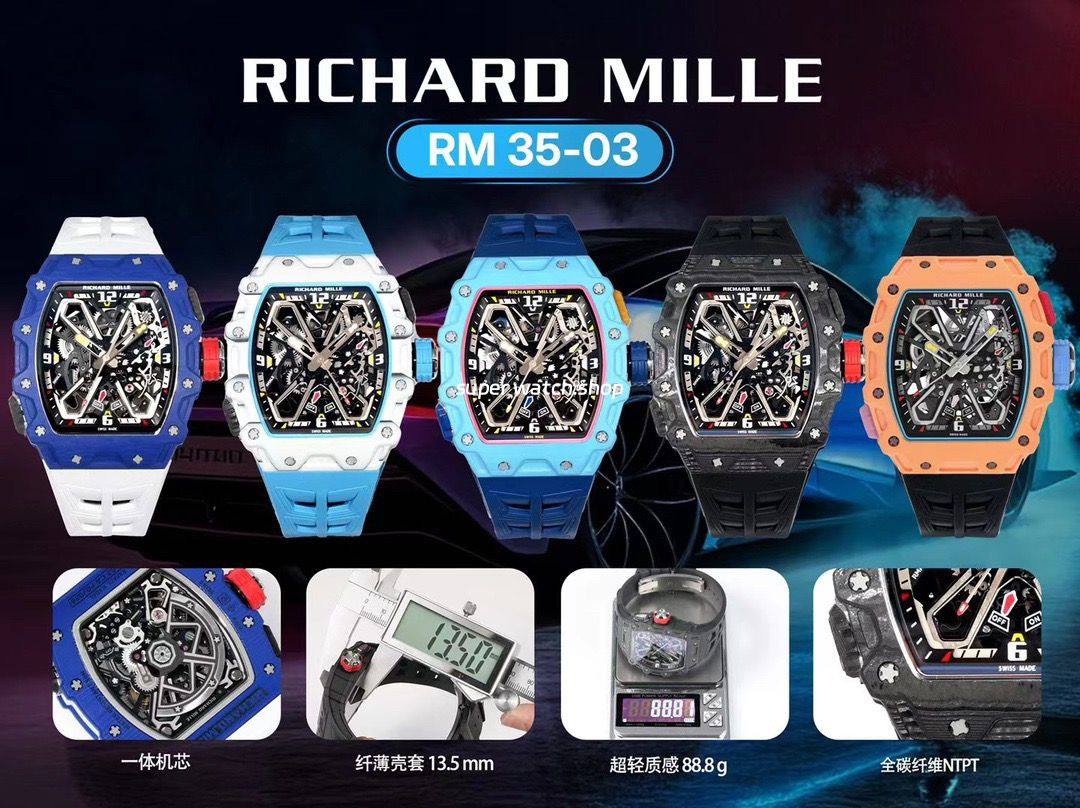 RM Factory Richard Mille RM35-03 Blue Carbon White Rubber Strap Black Skeletonized Dial - Image 10