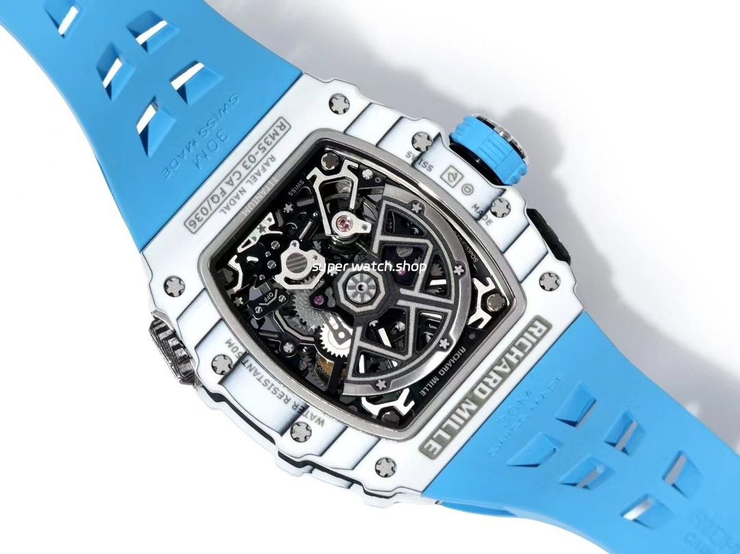 RM Factory Richard Mille RM35-03 White Carbon Fiber Light Blue Rubber Strap Black Skeletonized Dial - Image 8
