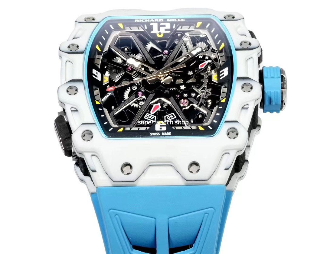 RM Factory Richard Mille RM35-03 White Carbon Fiber Light Blue Rubber Strap Black Skeletonized Dial - Image 2