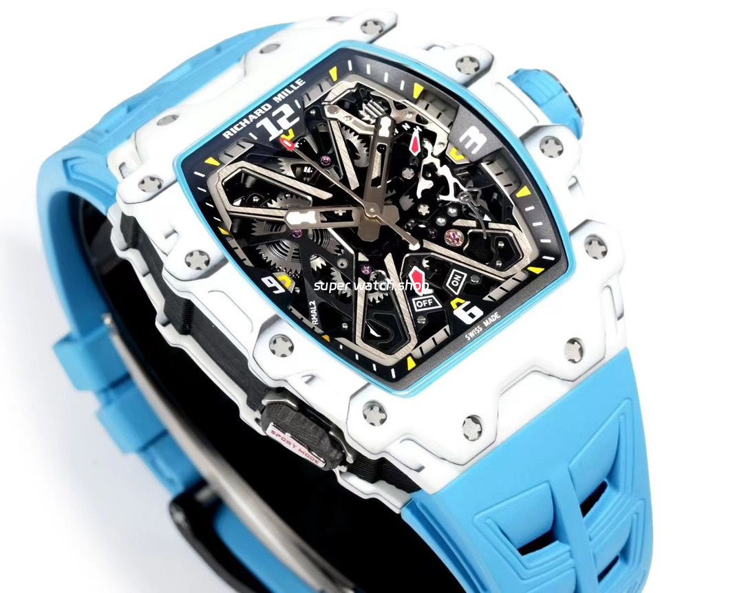 RM Factory Richard Mille RM35-03 White Carbon Fiber Light Blue Rubber Strap Black Skeletonized Dial - Image 3