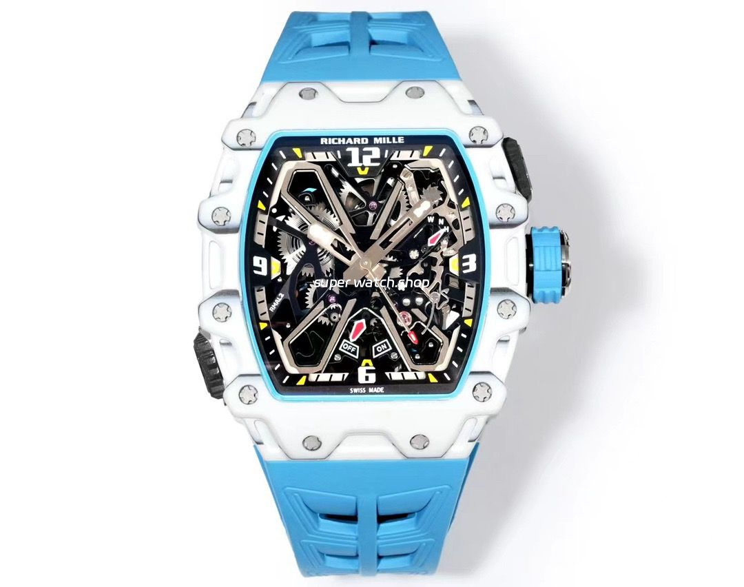 RM Factory Richard Mille RM35-03 White Carbon Fiber Light Blue Rubber Strap Black Skeletonized Dial