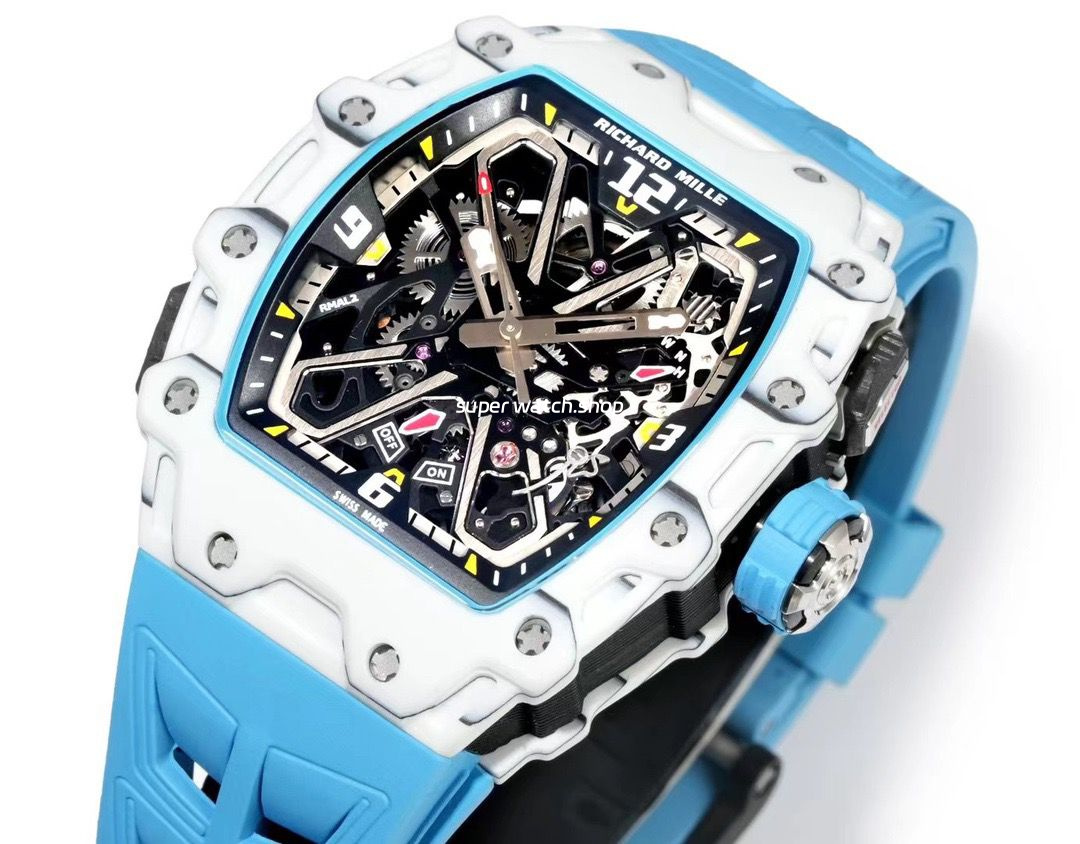 RM Factory Richard Mille RM35-03 White Carbon Fiber Light Blue Rubber Strap Black Skeletonized Dial - Image 4