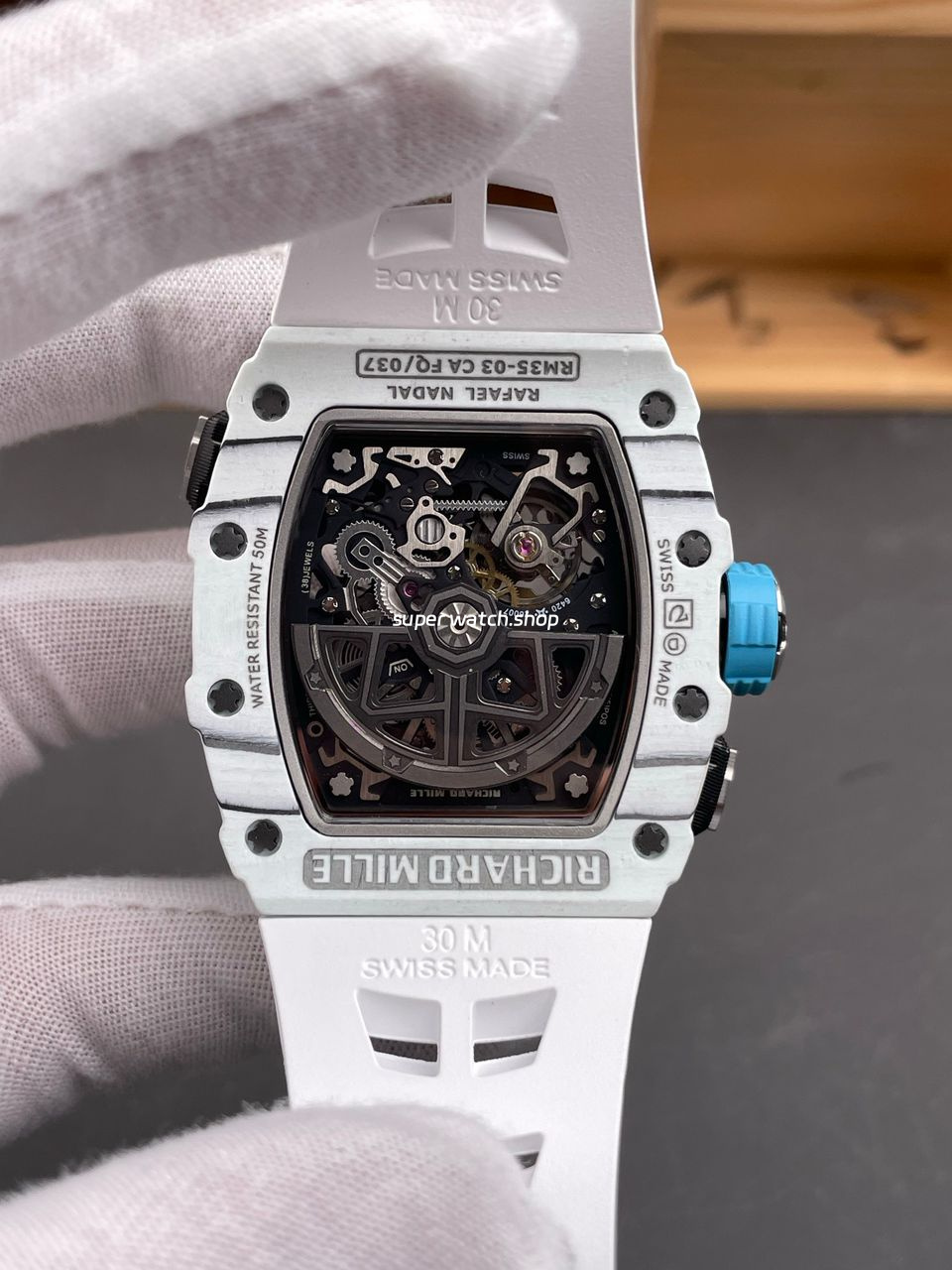 RM Factory Richard Mille RM35-03 White Carbon Fiber White Rubber Strap Black Skeletonized Dial - Image 7