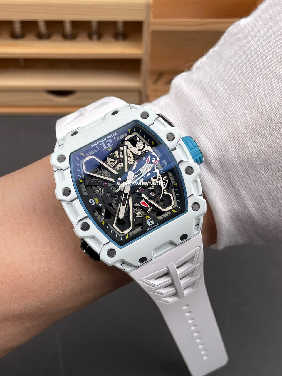 RM Factory Richard Mille RM35-03 White Carbon Fiber White Rubber Strap Black Skeletonized Dial - Image 4