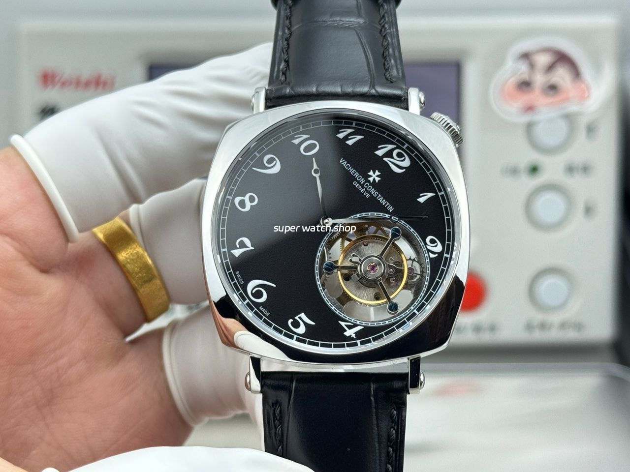 RMS Factory Vacheron Constantin Historiques American 1921 Tourbillon Leather Strap White Gold Black Dial