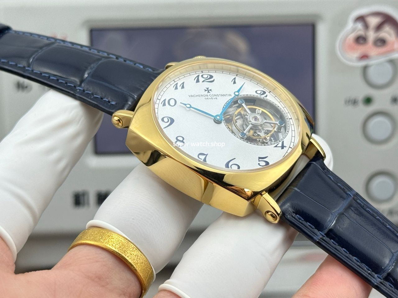 RMS Factory Vacheron Constantin Historiques American 1921 Tourbillon Yellow Gold Blue Leather Strap White Dial - Image 6