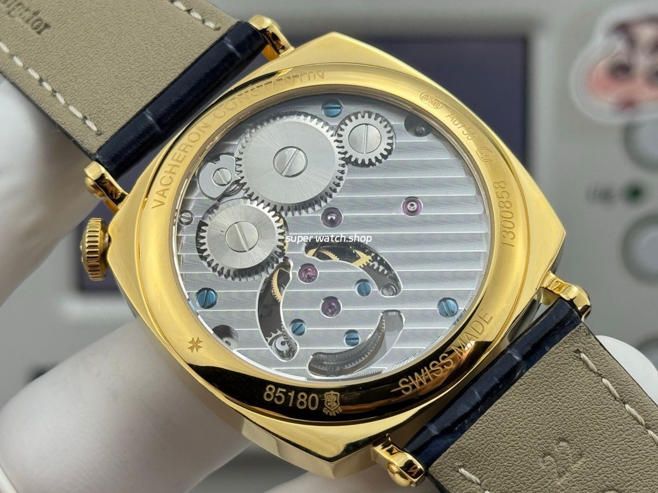 RMS Factory Vacheron Constantin Historiques American 1921 Tourbillon Yellow Gold Blue Leather Strap White Dial - Image 8