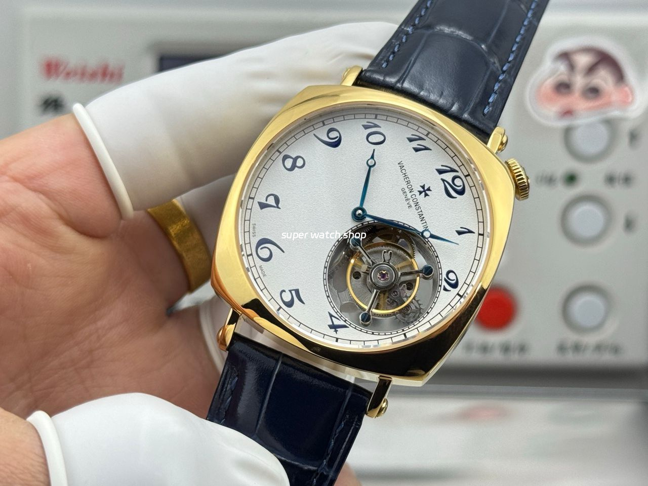 RMS Factory Vacheron Constantin Historiques American 1921 Tourbillon Yellow Gold Blue Leather Strap White Dial - Image 4