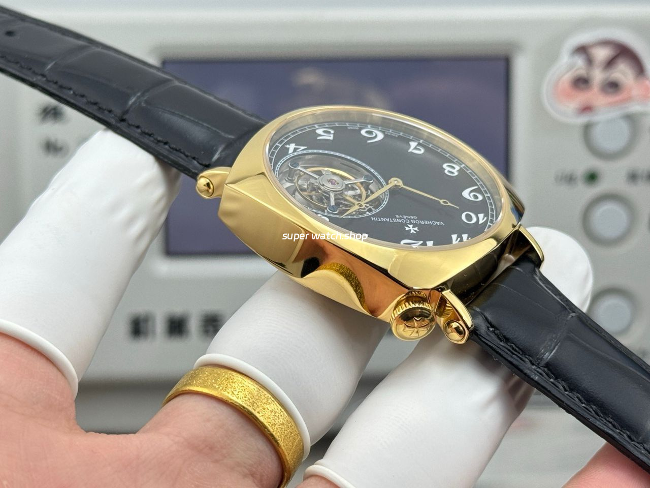 RMS Factory Vacheron Constantin Historiques American 1921 Tourbillon Yellow Gold Leather Strap Black Dial - Image 7