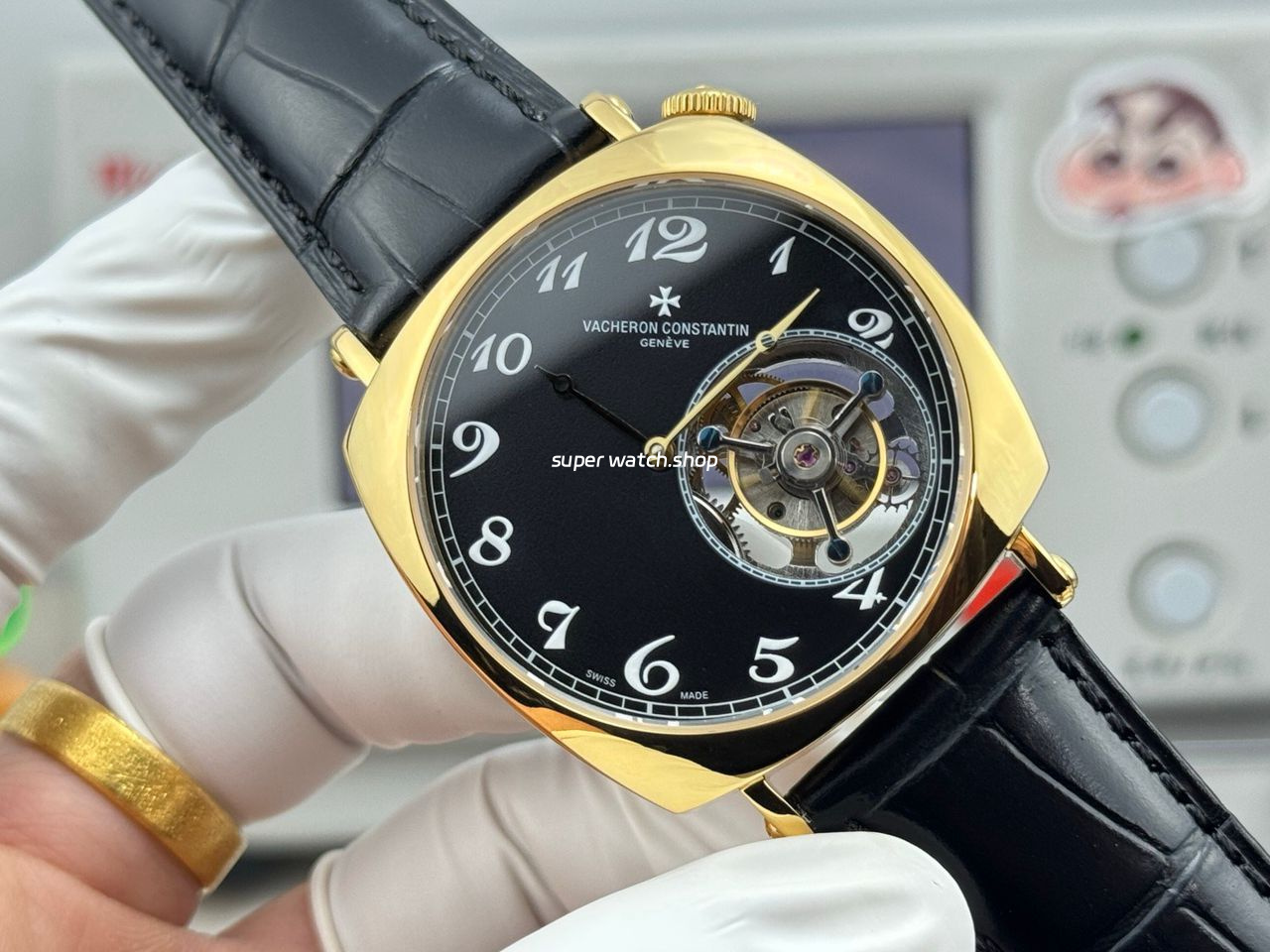 RMS Factory Vacheron Constantin Historiques American 1921 Tourbillon Yellow Gold Leather Strap Black Dial - Image 3
