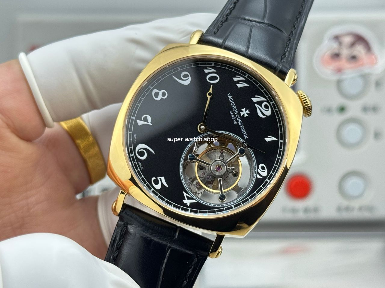 RMS Factory Vacheron Constantin Historiques American 1921 Tourbillon Yellow Gold Leather Strap Black Dial - Image 4