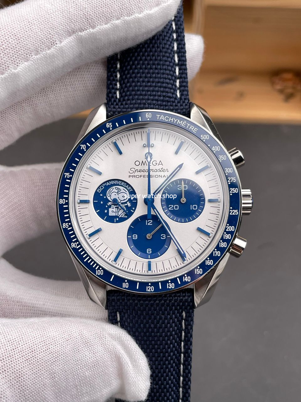SMF Factory Omega Speedmaster Silver Snoopy Award 310.32.42.50.02.001 42mm Steel Canvas Strap White Dial