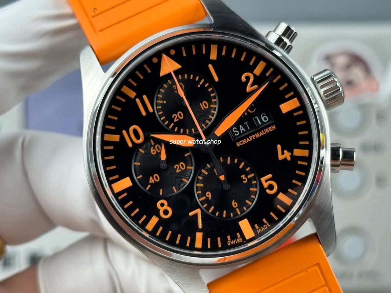 TWS Factory IWC Pilot Chronograph IW377730 41mm Orange Rubber Strap Orange Arabic Numerals Black Dial - Image 2